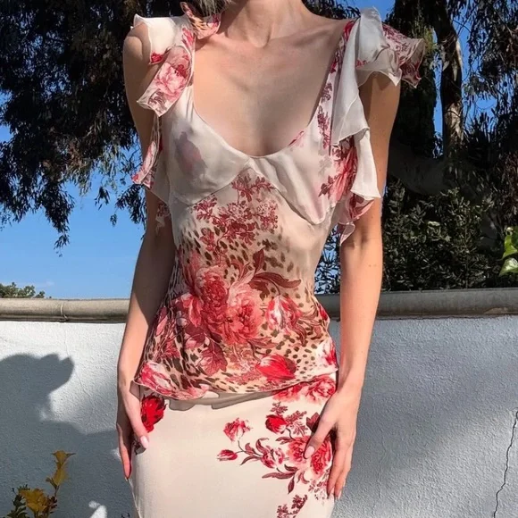 Roberto Cavalli Silk Ruffle Floral Flutter Top - Picture 5 of 14